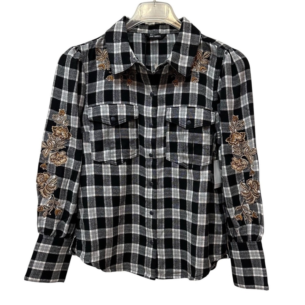 Driftwood Flannel Shirt Plaid Pearl Snap Embroidered Puff Sleeve Size L NEW